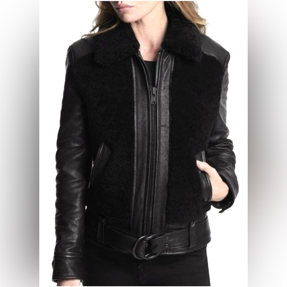 Schott NYC x Frye Grizzly Jacket Lambskin Leather Shearling Trim Black Size XS
